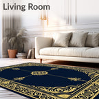 Ornate Navy Gold Scrollwork Frame Rug