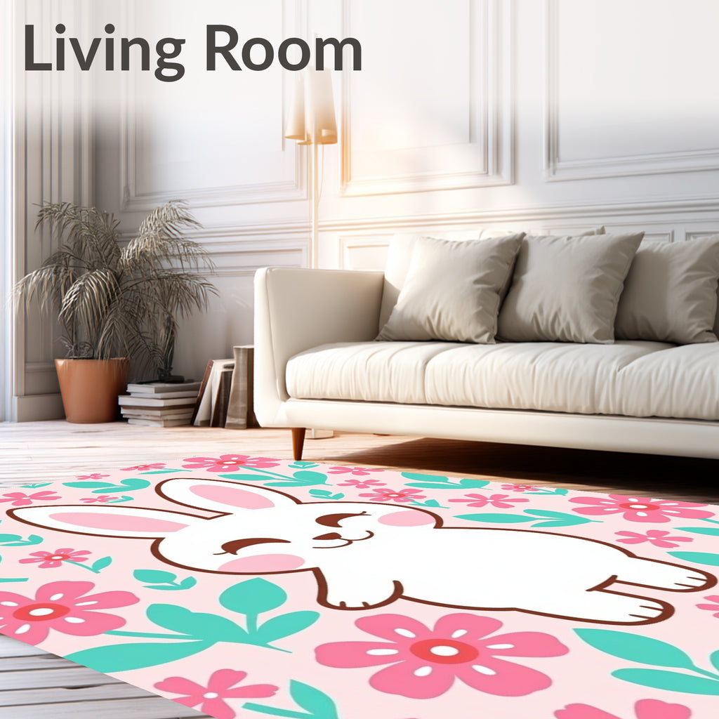 Cute White Bunny Pink Floral Garden Rug