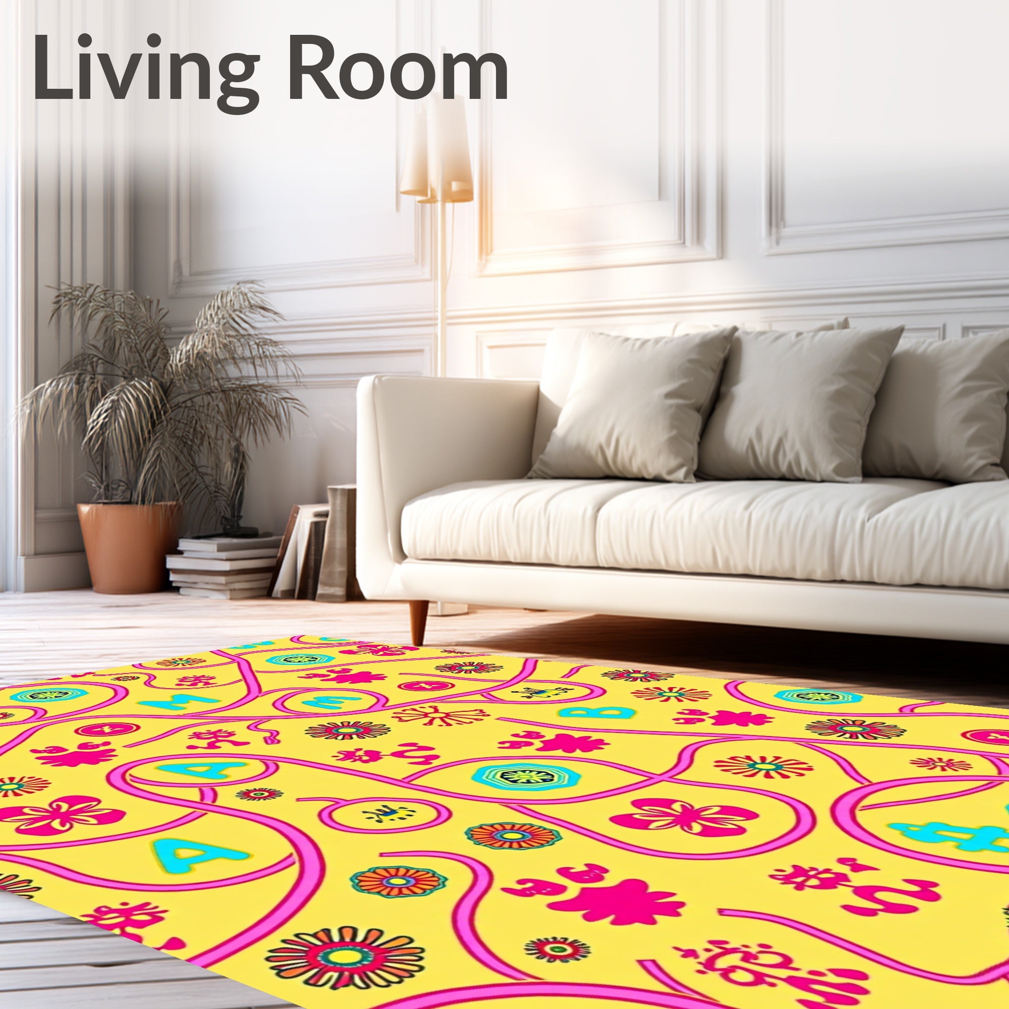 Bright Yellow With Pink Abstract Figures Rug