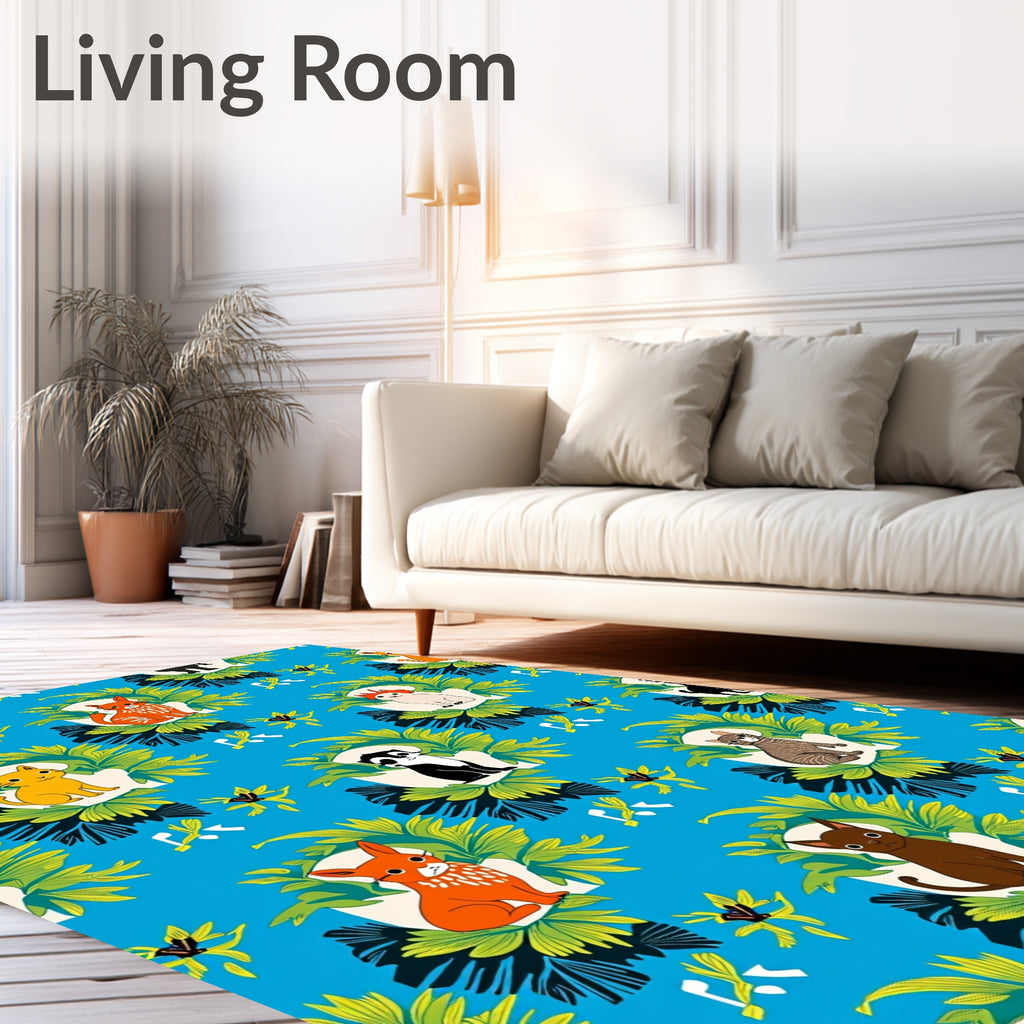Whimsical Blue Feline Tropical Arrangement Rug