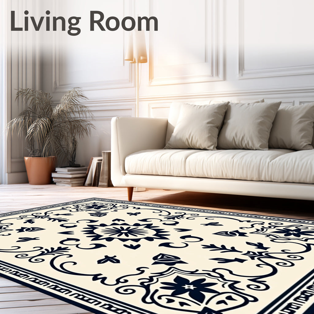 Classic Navy Floral Medallion Cream Rug