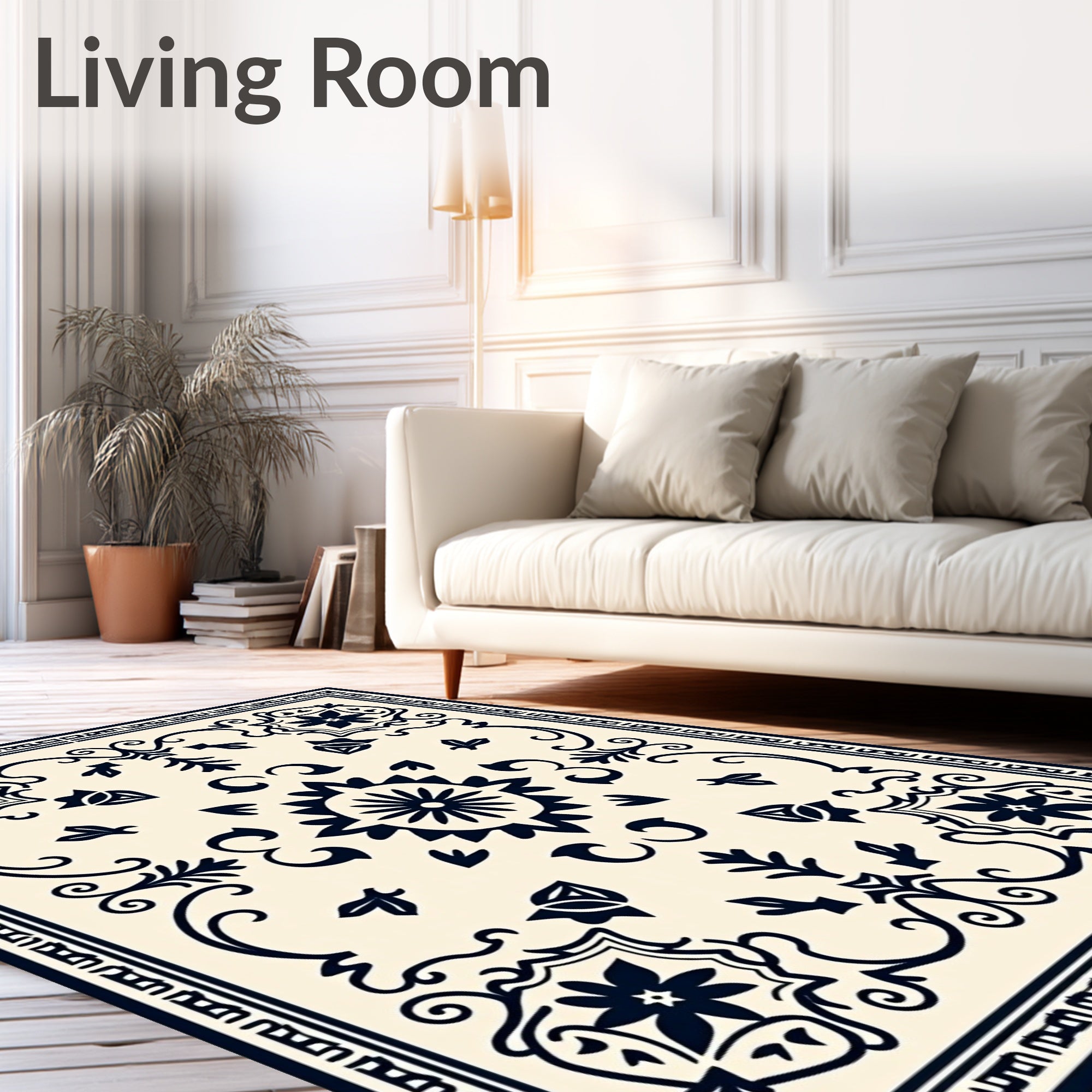 Classic Navy Floral Medallion Cream Rug