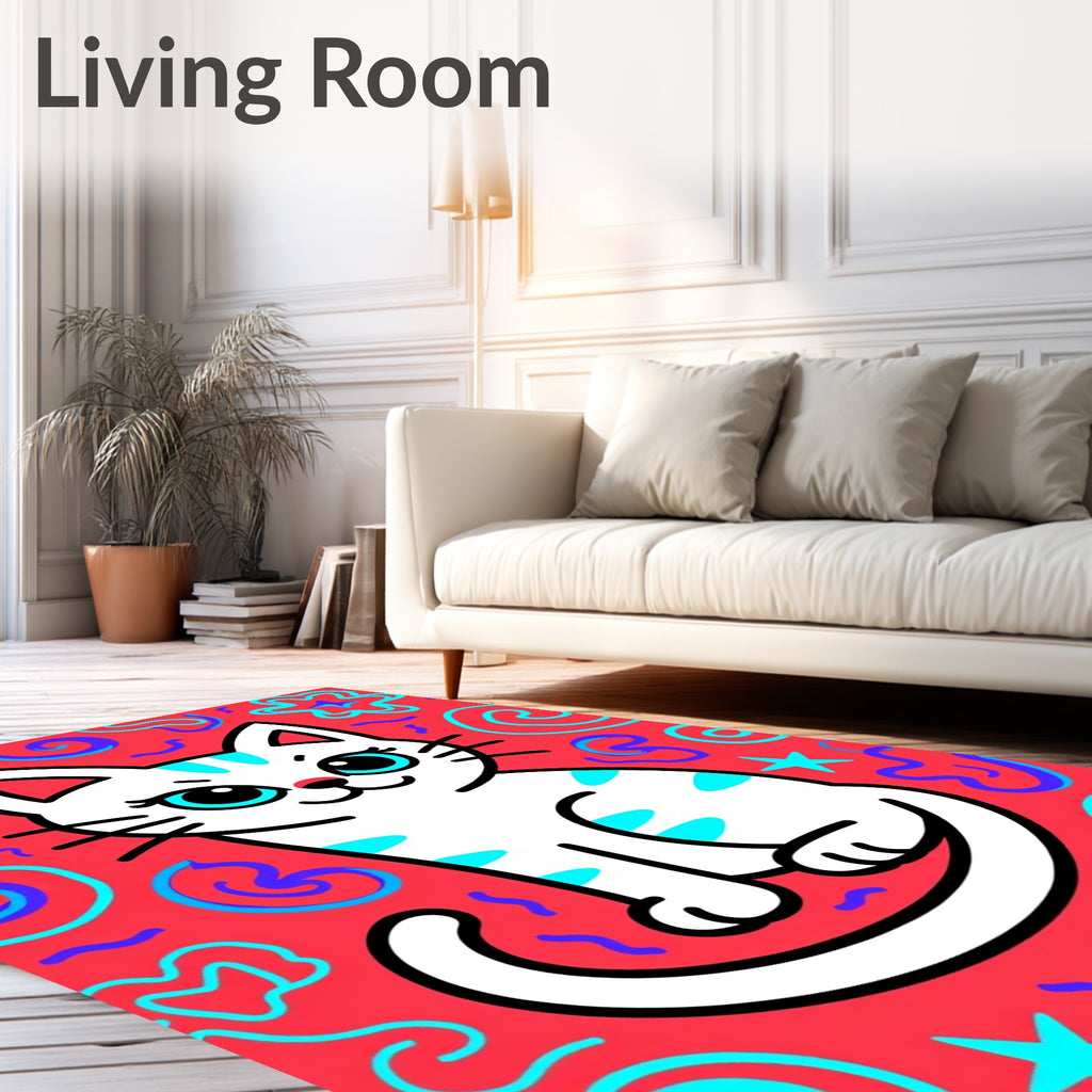 Playful White Cat Coral Swirls Rug