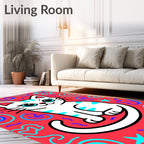 Playful White Cat Coral Swirls Rug