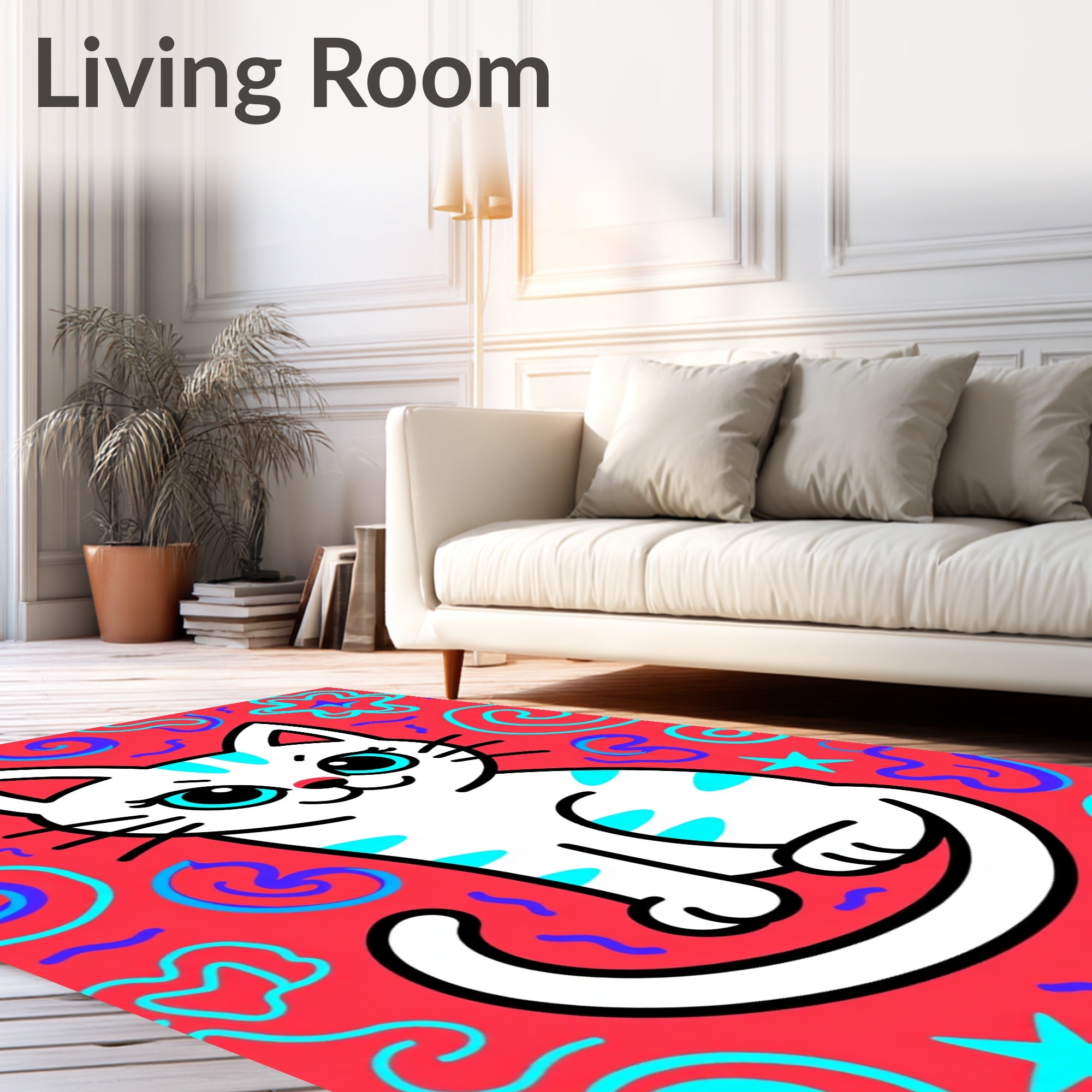 Playful White Cat Coral Swirls Rug