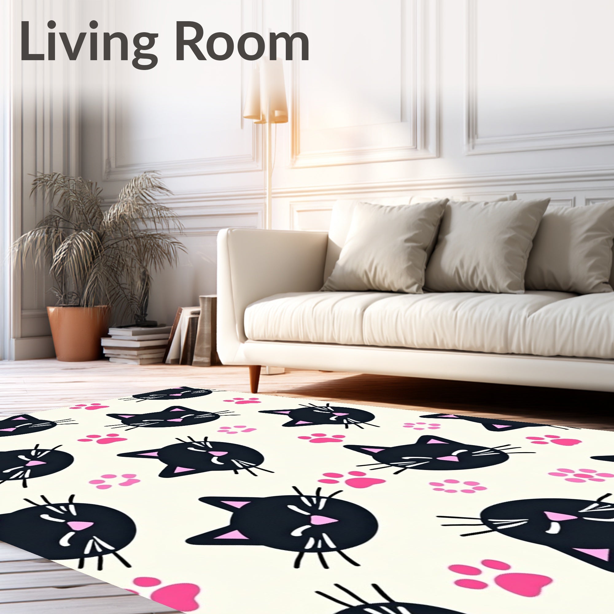 Cute Black Kitties Pink Paw Prints Rug