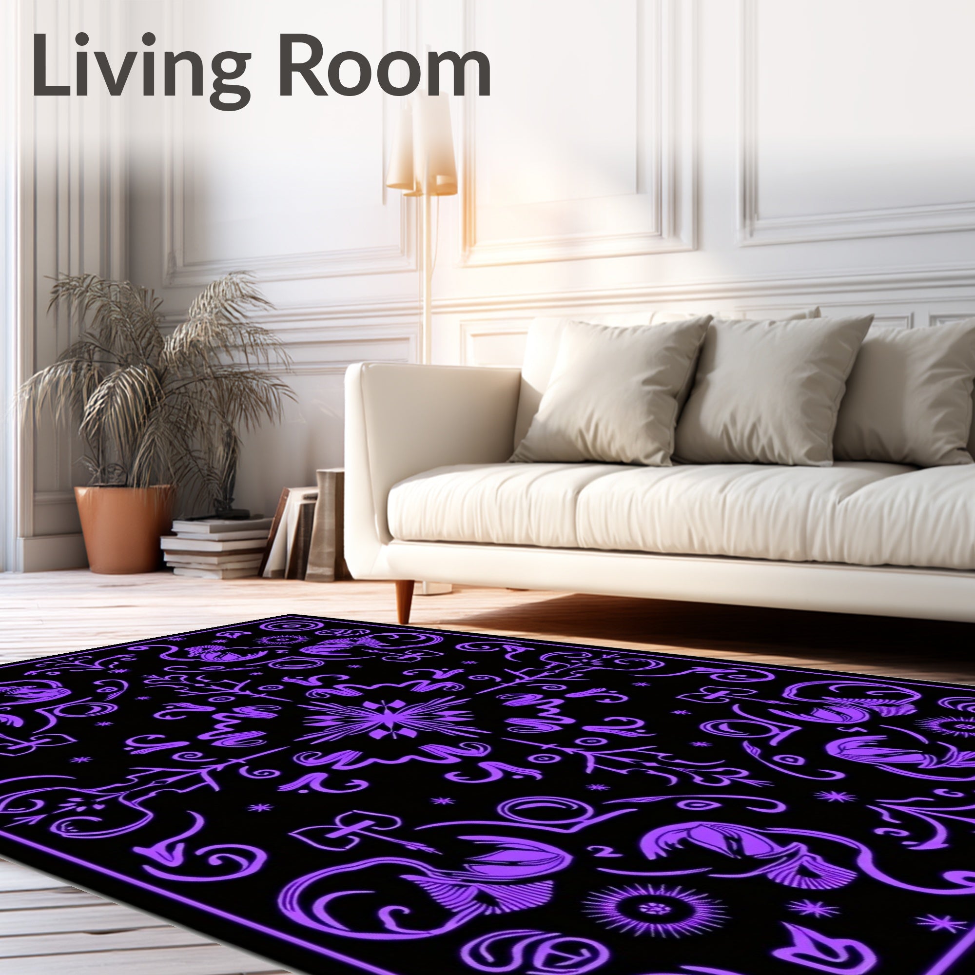 Vibrant Purple Black Symmetrical Floral Rug