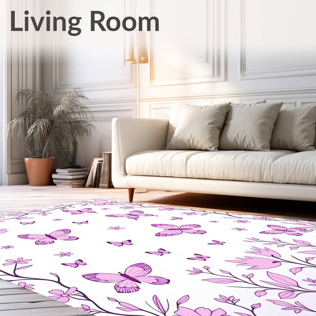 Whimsical Pink Butterfly Floral Meadow Rug