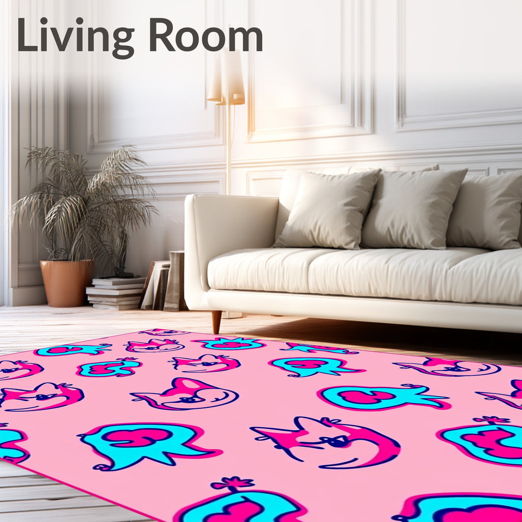 Whimsical Pink and Teal Cartoon Faces Rug