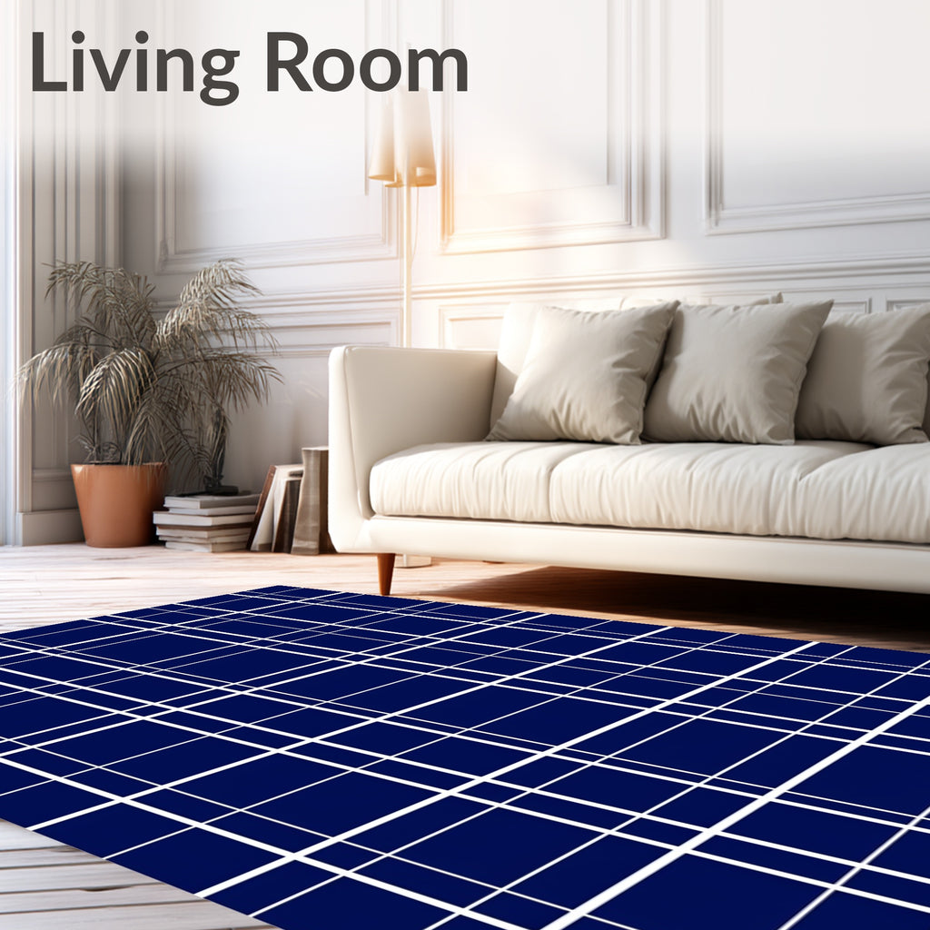 Classic Blue White Grid Lines Rug