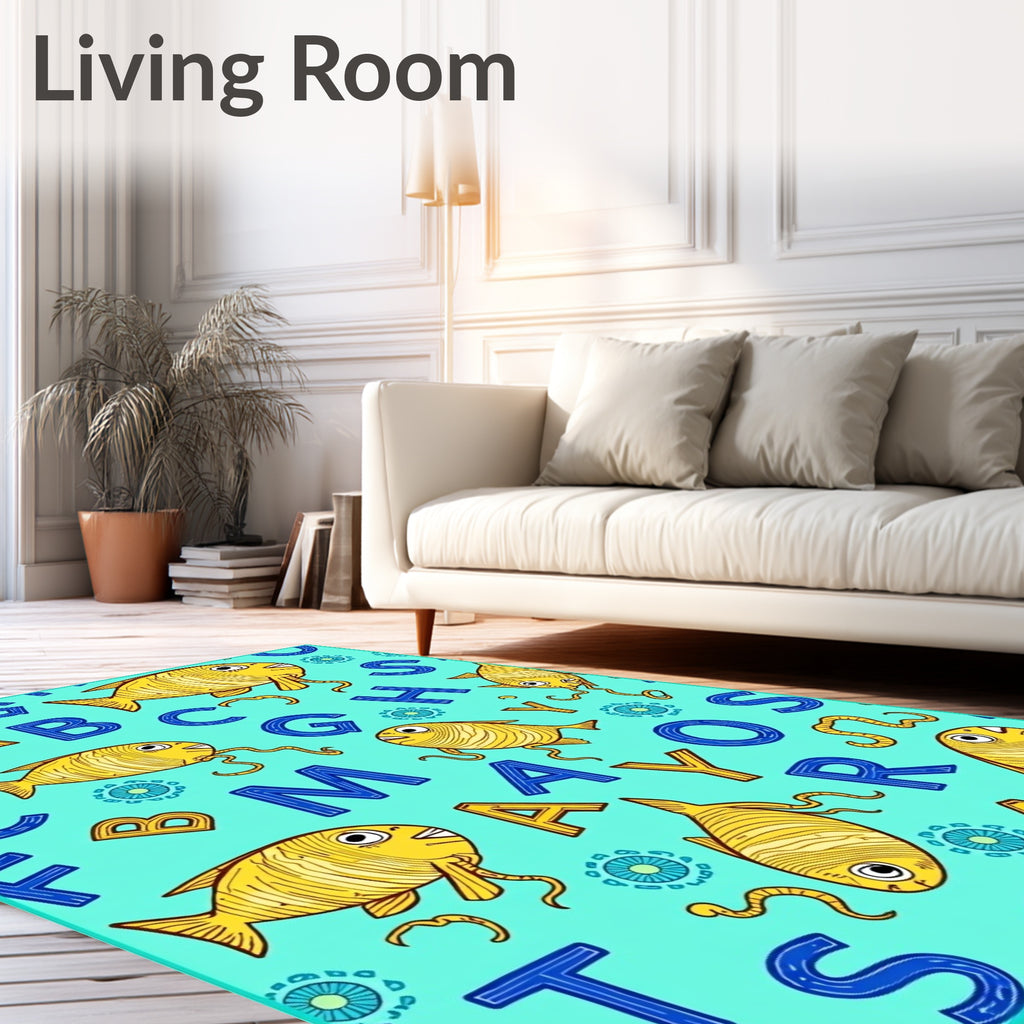 Yellow Whimsical Fish Alphabet Aqua Rug