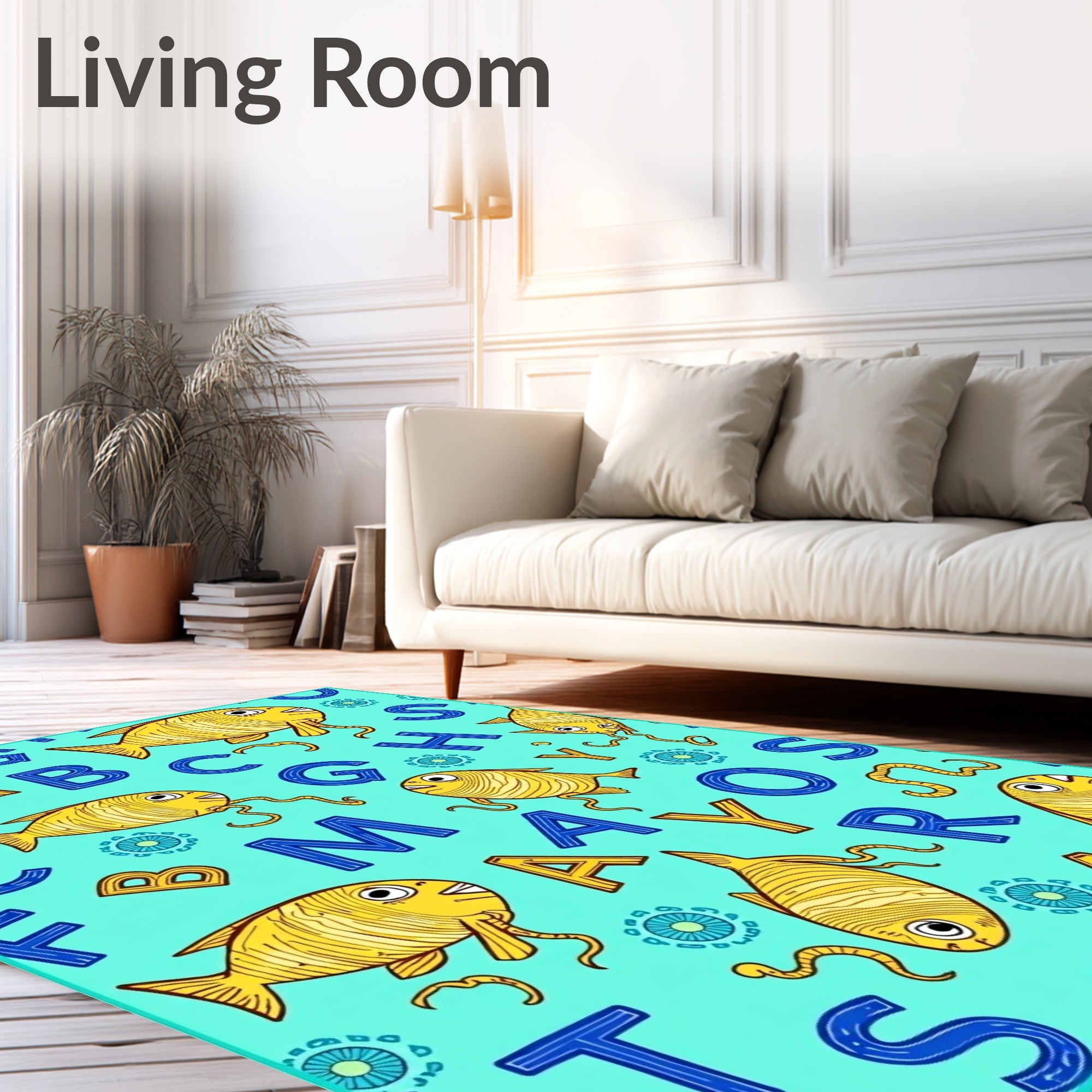 Yellow Whimsical Fish Alphabet Aqua Rug