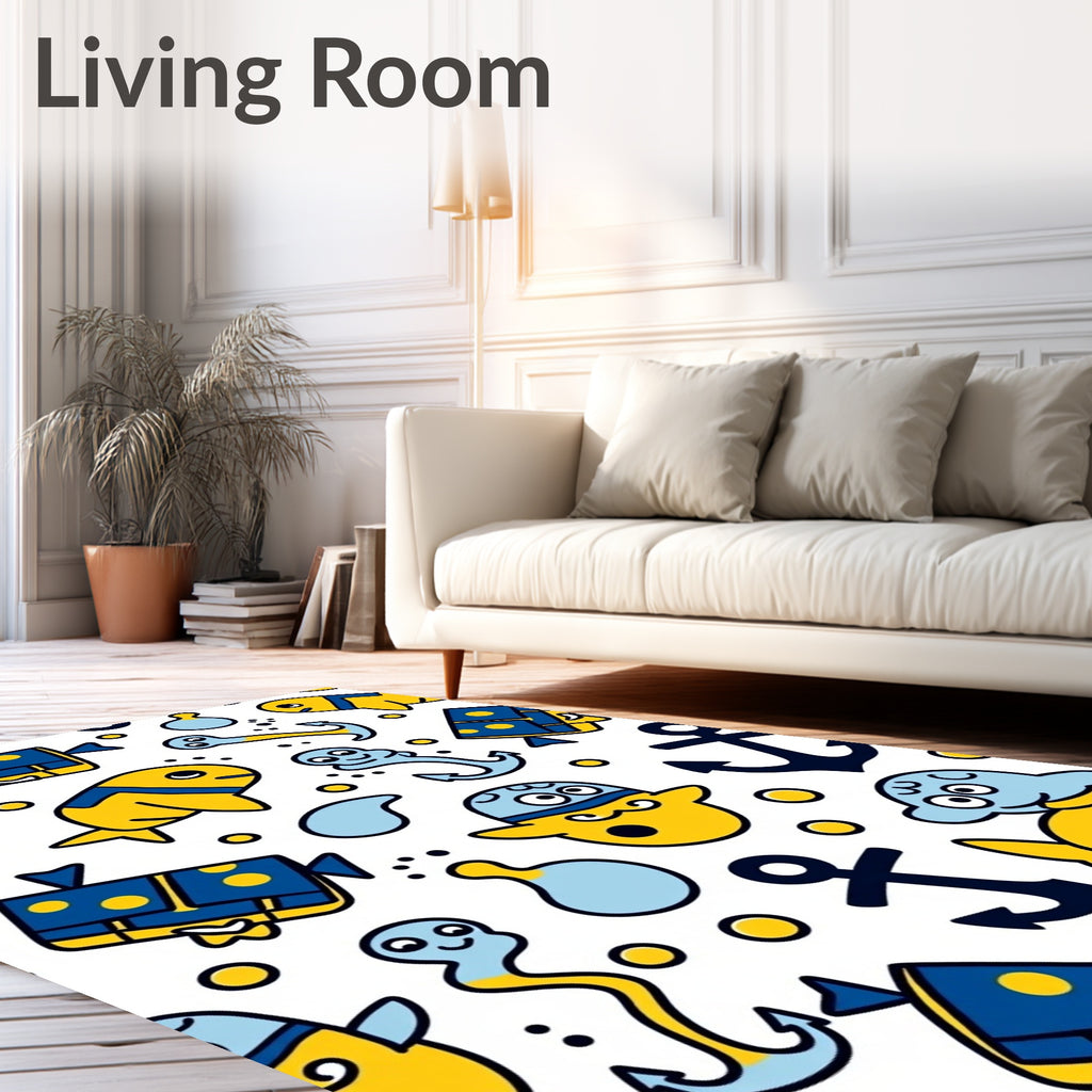 Nautical Yellow Blue Marine Creatures Rug