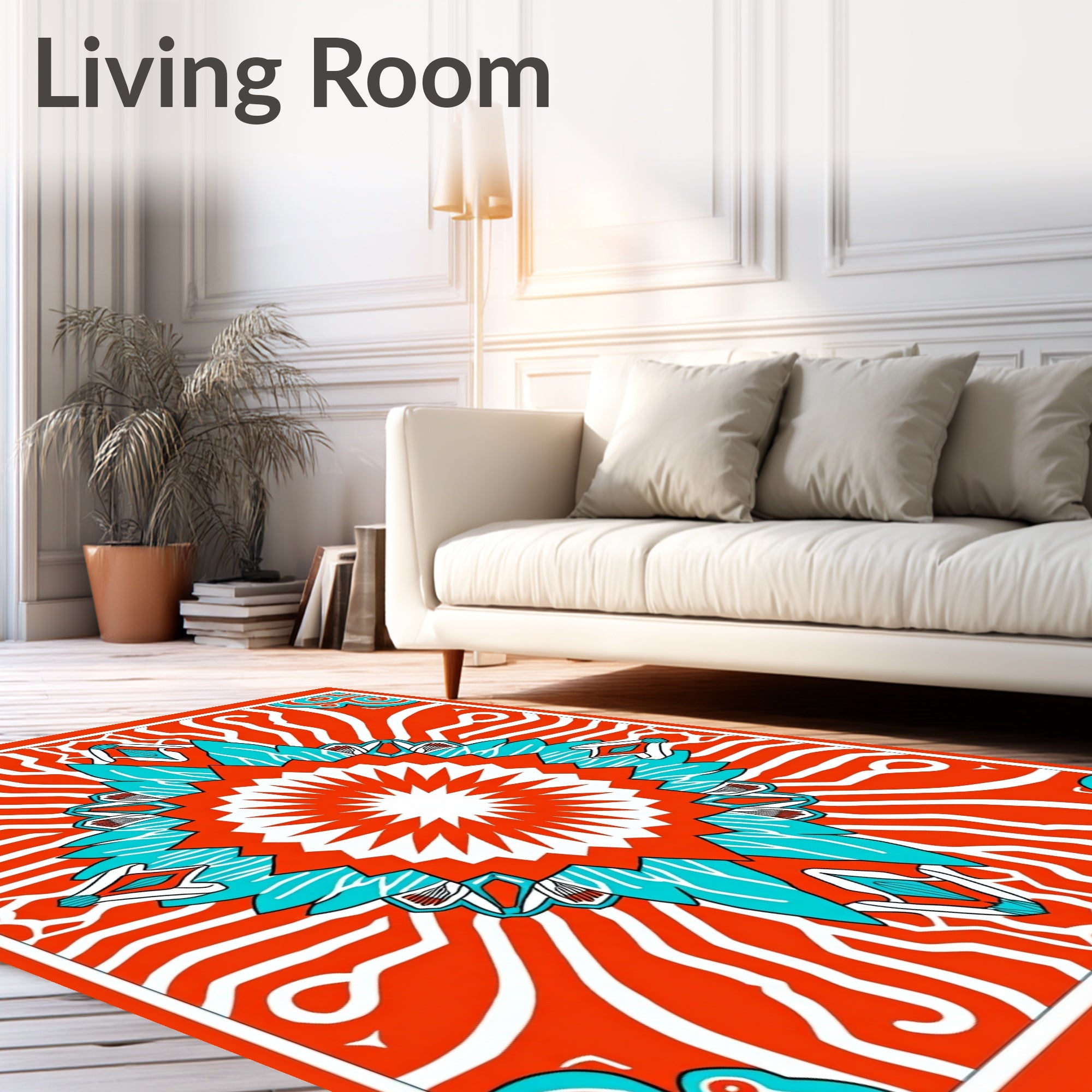 Vibrant Sunburst Medallion Coral Blue Rug