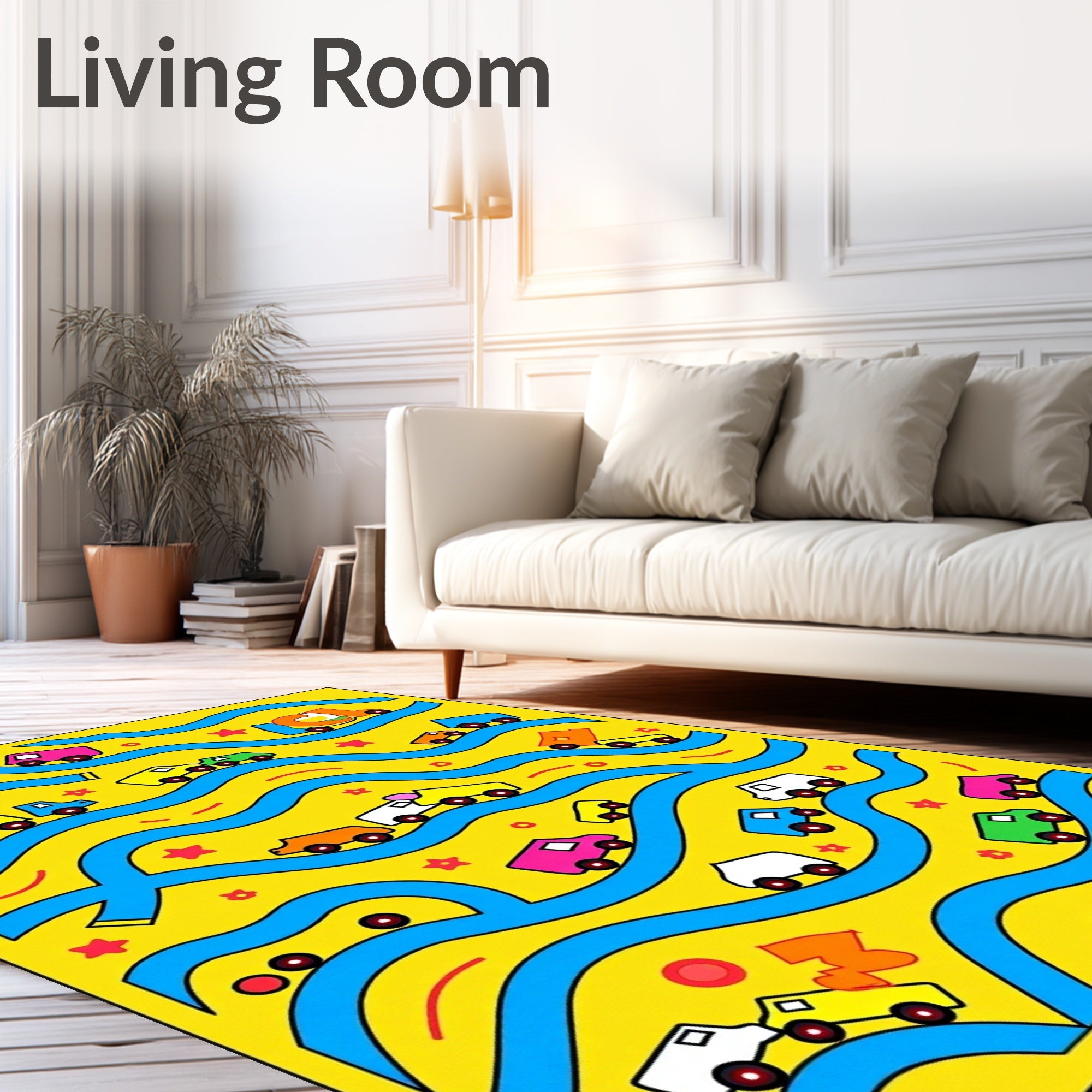 Bright Yellow Blue Cars Road Playtime Rug