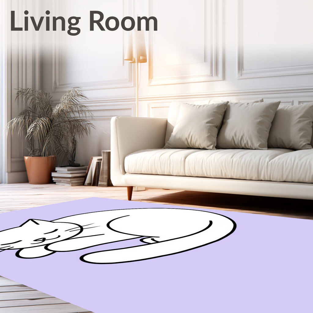 White Sleeping Cat Lavender Background Rug