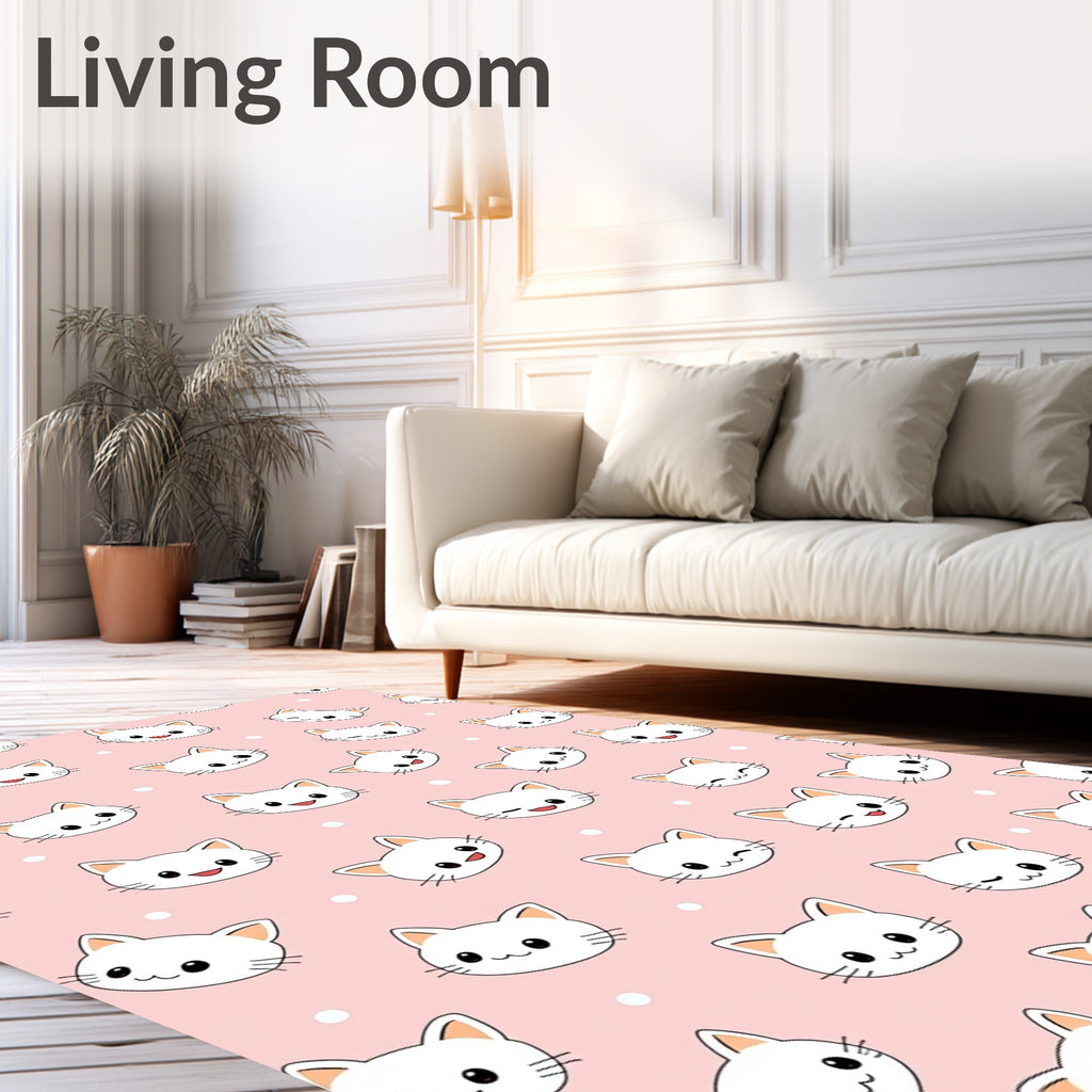 Kawaii White Cats Pink Polka Dot Background Rug