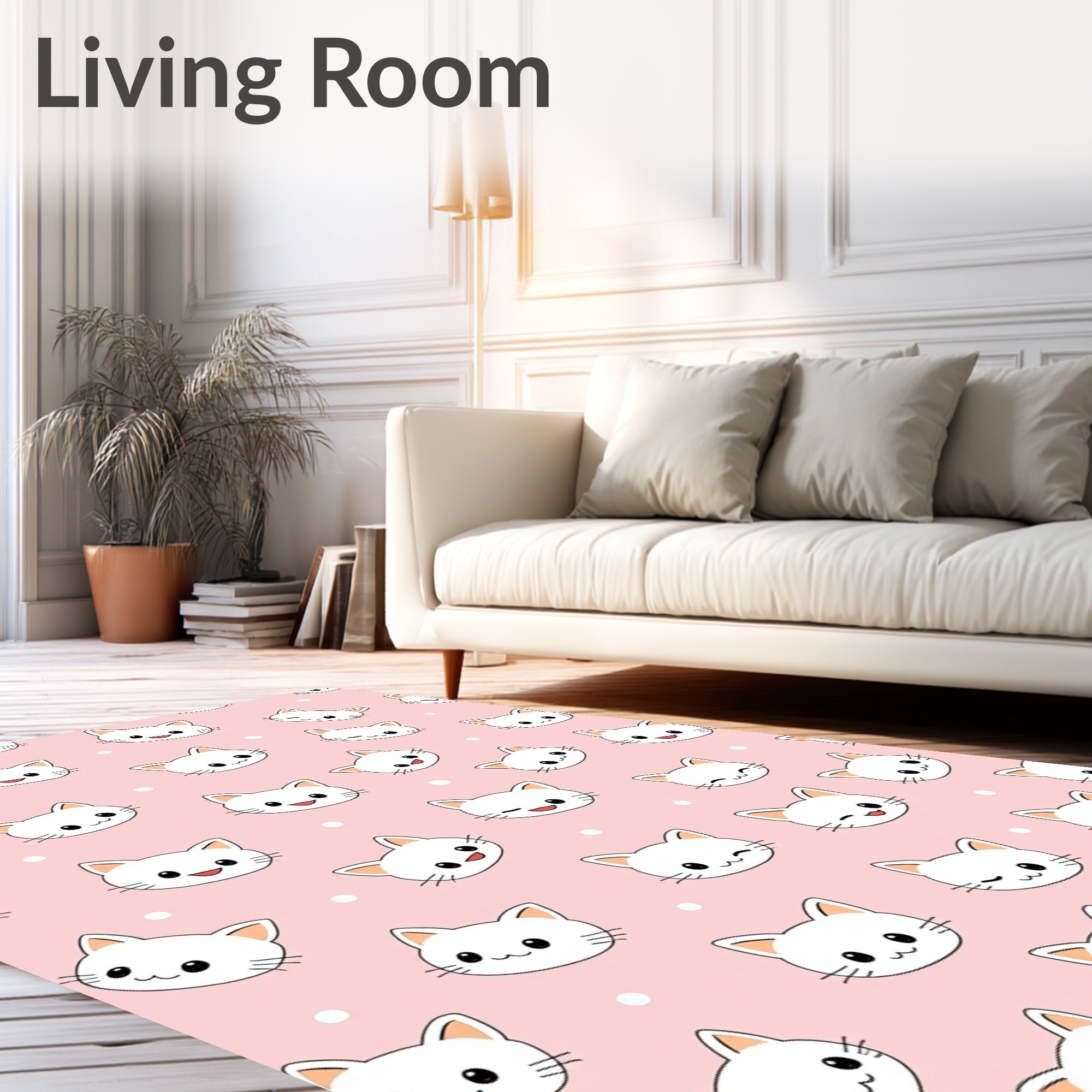 Kawaii White Cats Pink Polka Dot Background Rug