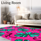 Vibrant Pink Flamingo Monstera Leaves Rug