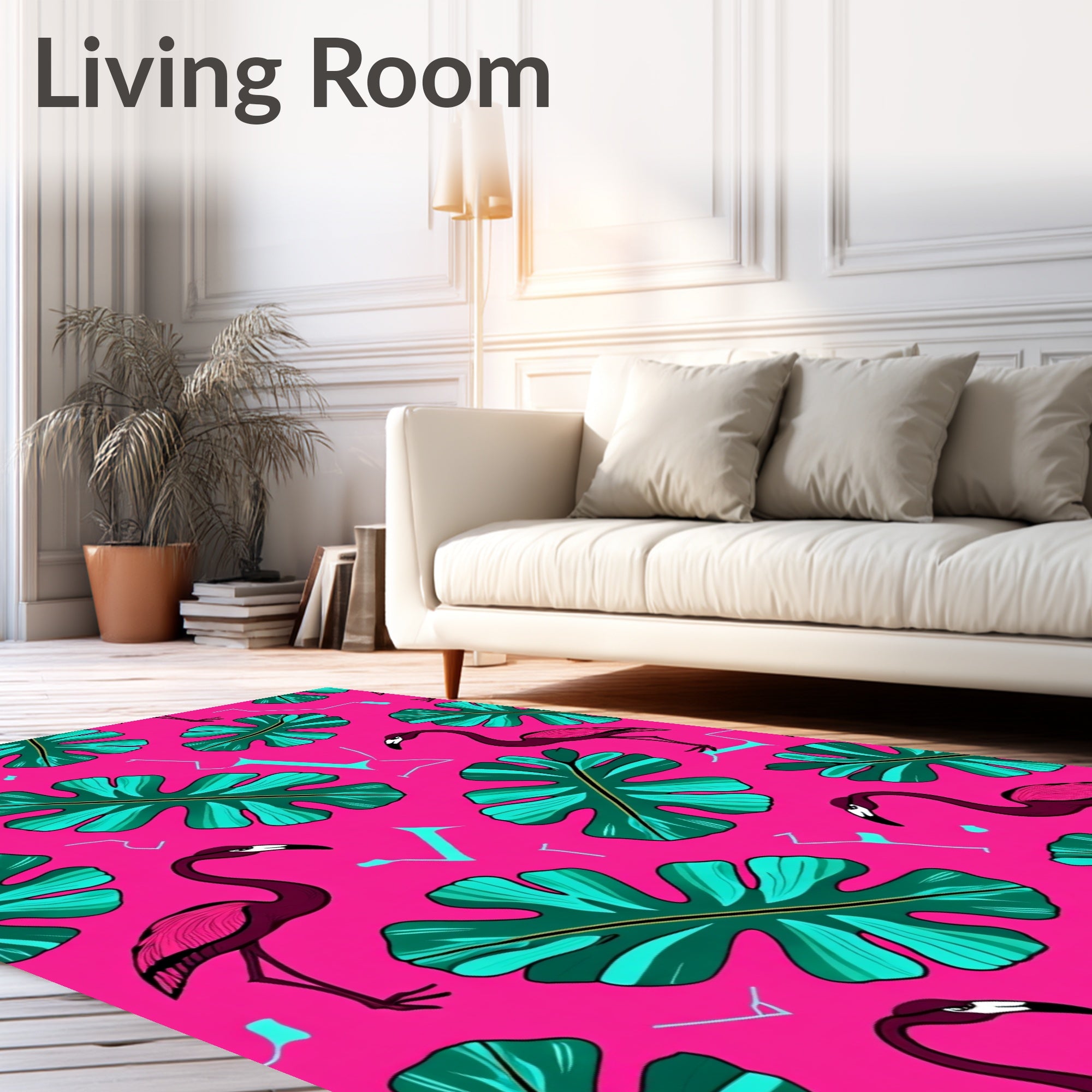 Vibrant Pink Flamingo Monstera Leaves Rug