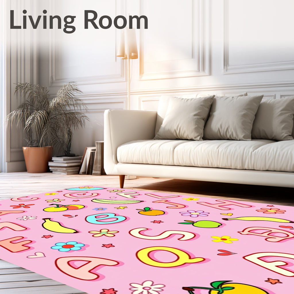 Whimsical Alphabet Fruit Floral Pink Rug