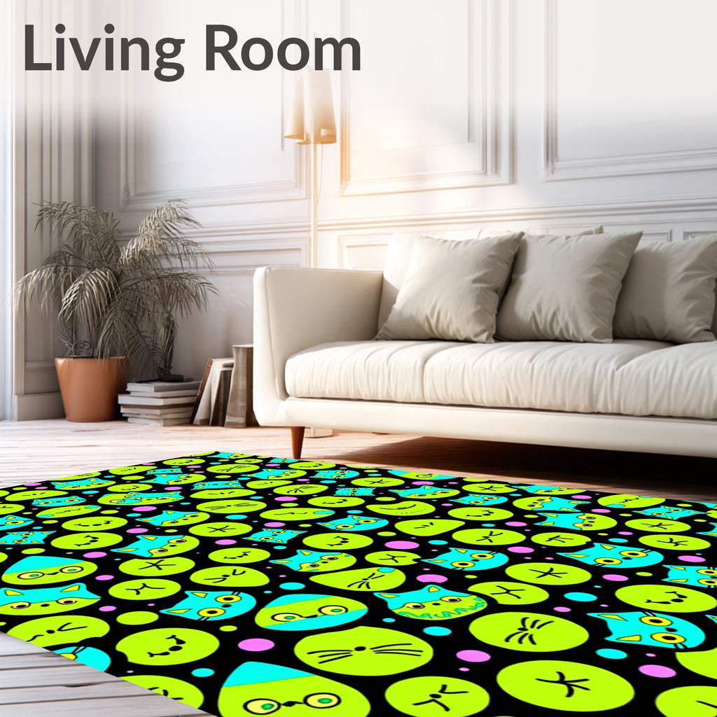 Bright Teal Cats Green Faces Black Background Rug