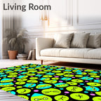 Bright Teal Cats Green Faces Black Background Rug