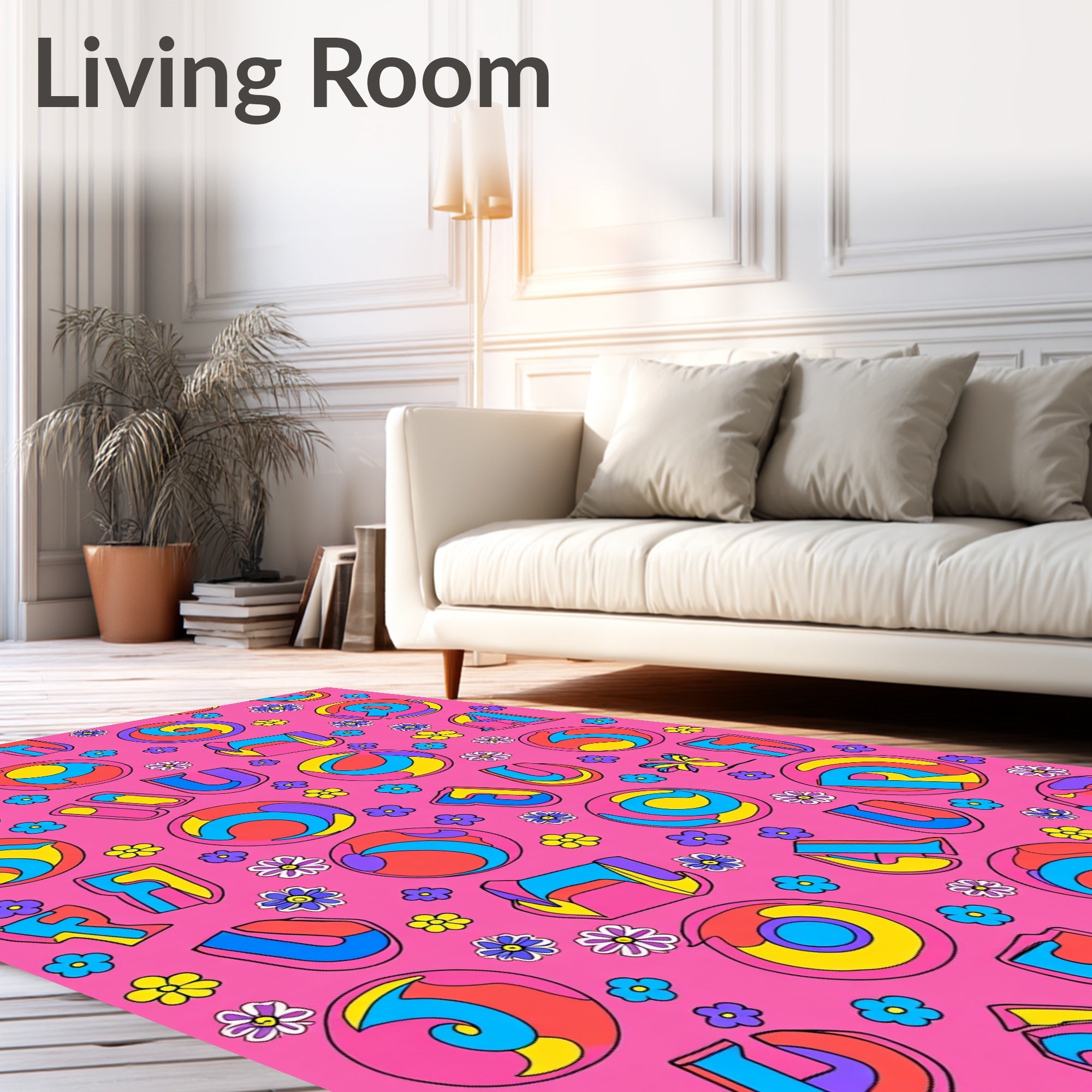 Vibrant Groovy Flower Butterfly Alphabet Rug
