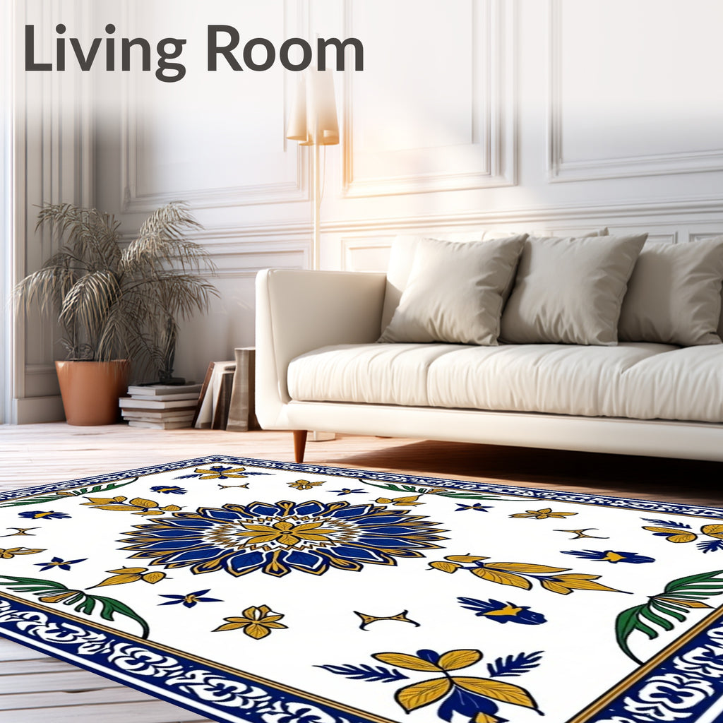 Royal Blue Yellow Floral Medallion Border Rug