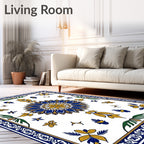 Royal Blue Yellow Floral Medallion Border Rug