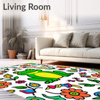 Whimsical Green Frog Floral Folk Art Rug