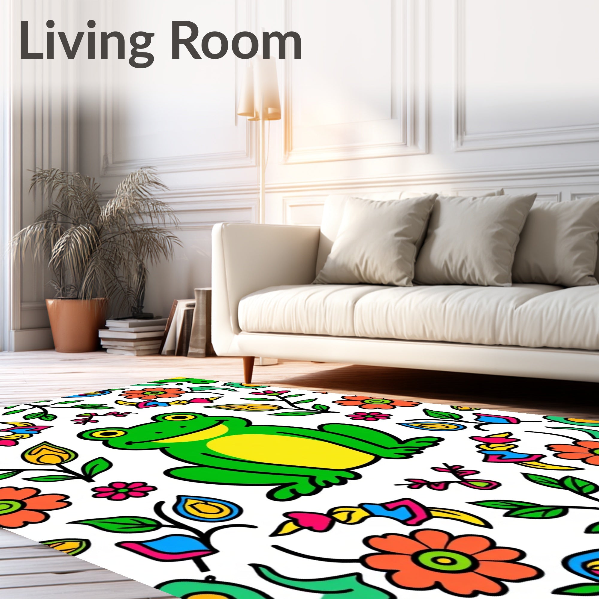 Whimsical Green Frog Floral Folk Art Rug
