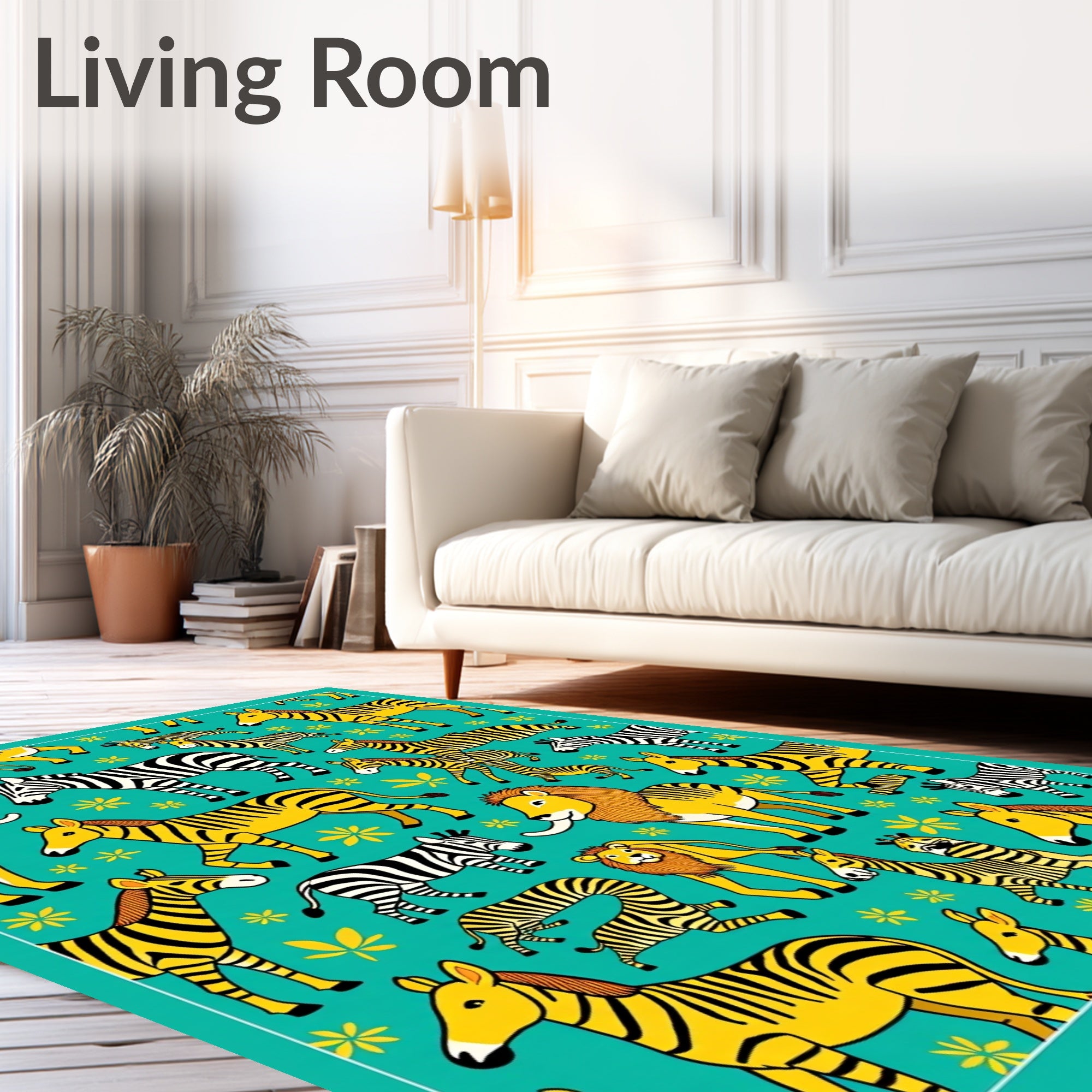 Teal Yellow Lion Zebra Jungle Creatures Rug