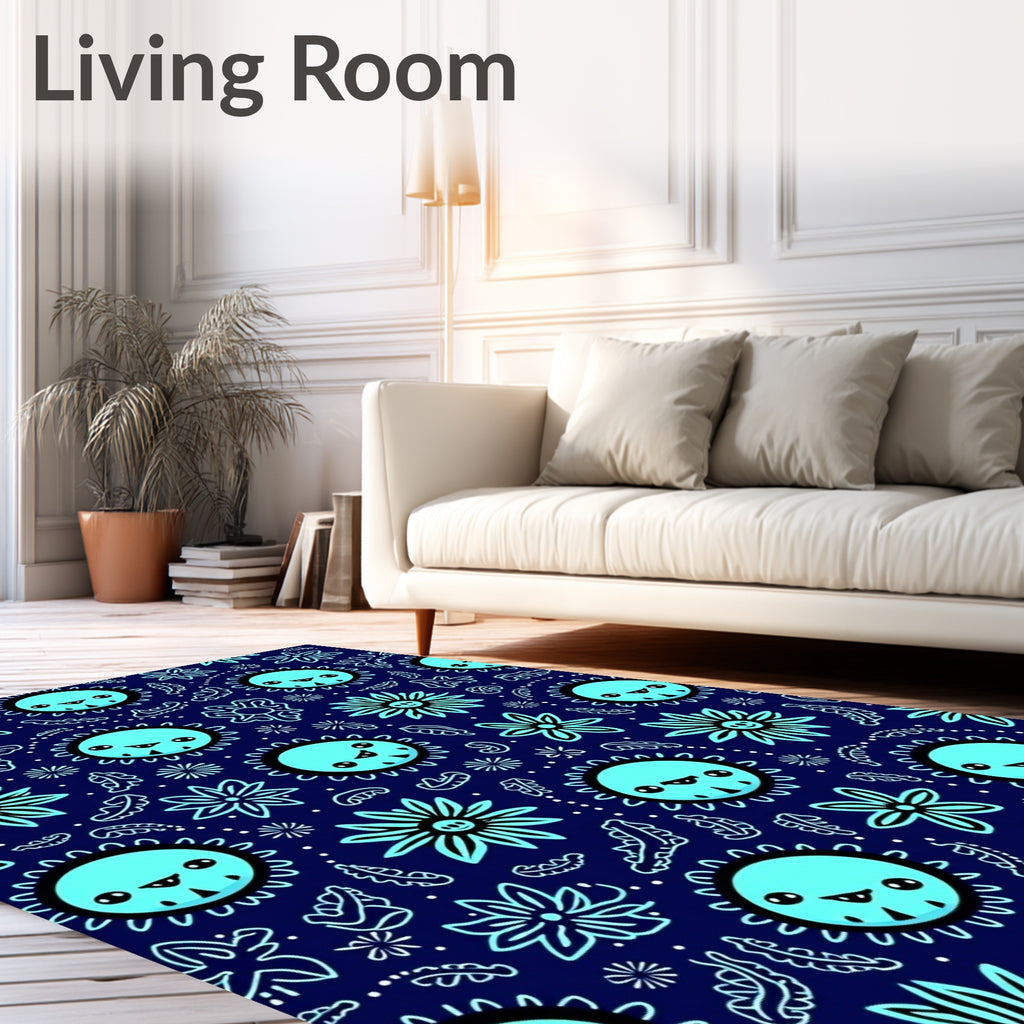 Cute Teal Sun Flowers Navy Background Rug