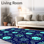 Cute Teal Sun Flowers Navy Background Rug