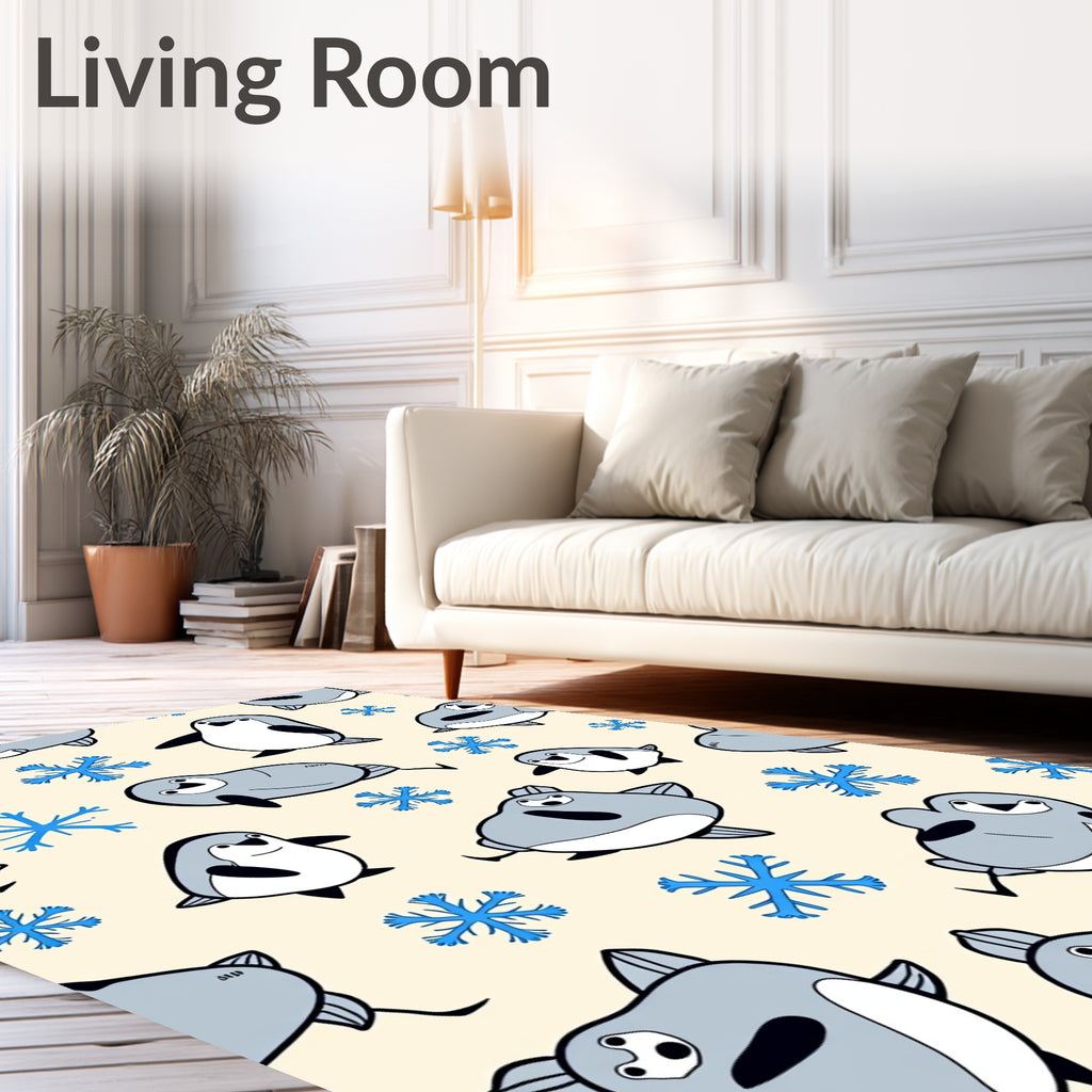 Cute Gray Penguins Blue Snowflakes Rug