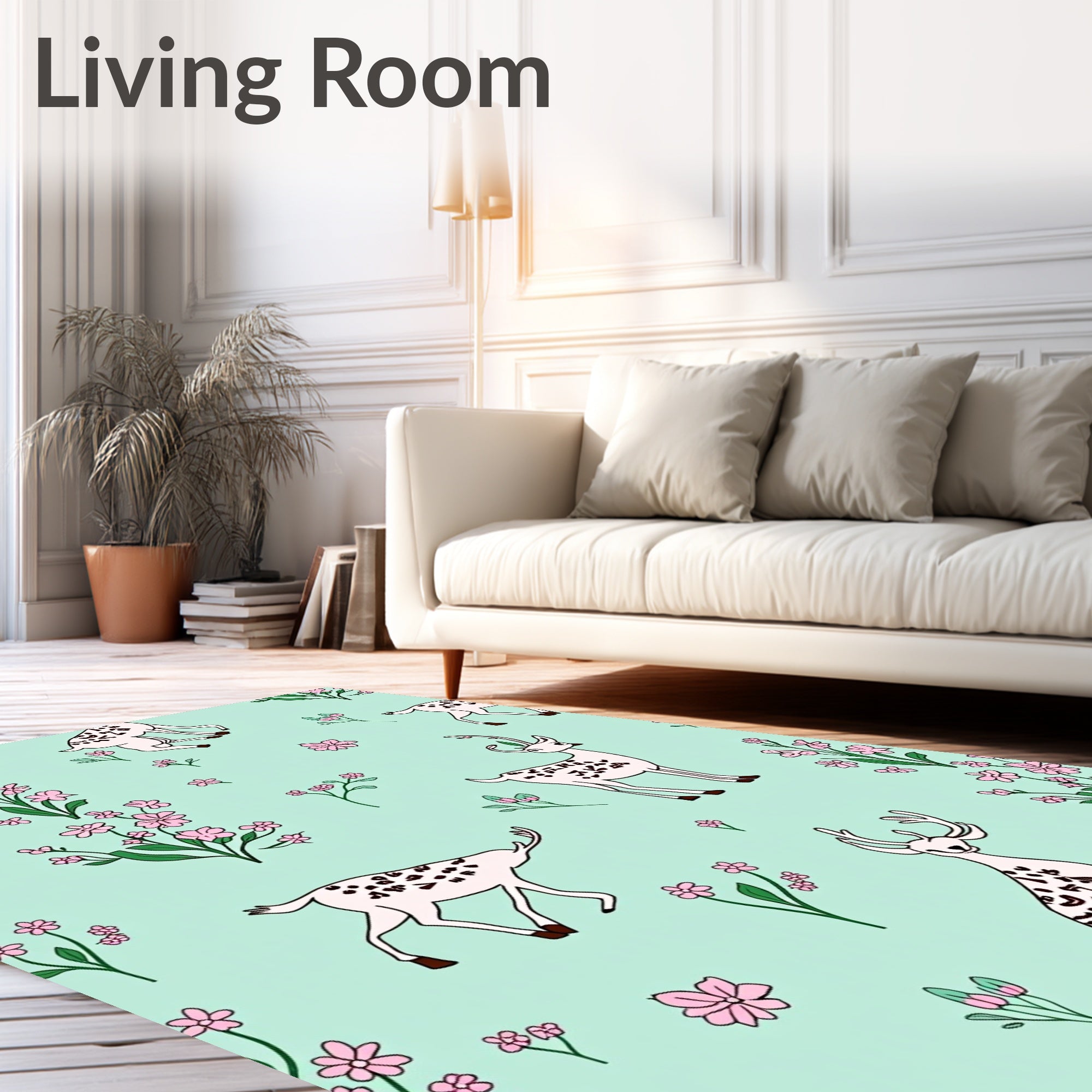 Whimsical Pink Floral Deer Meadow Rug