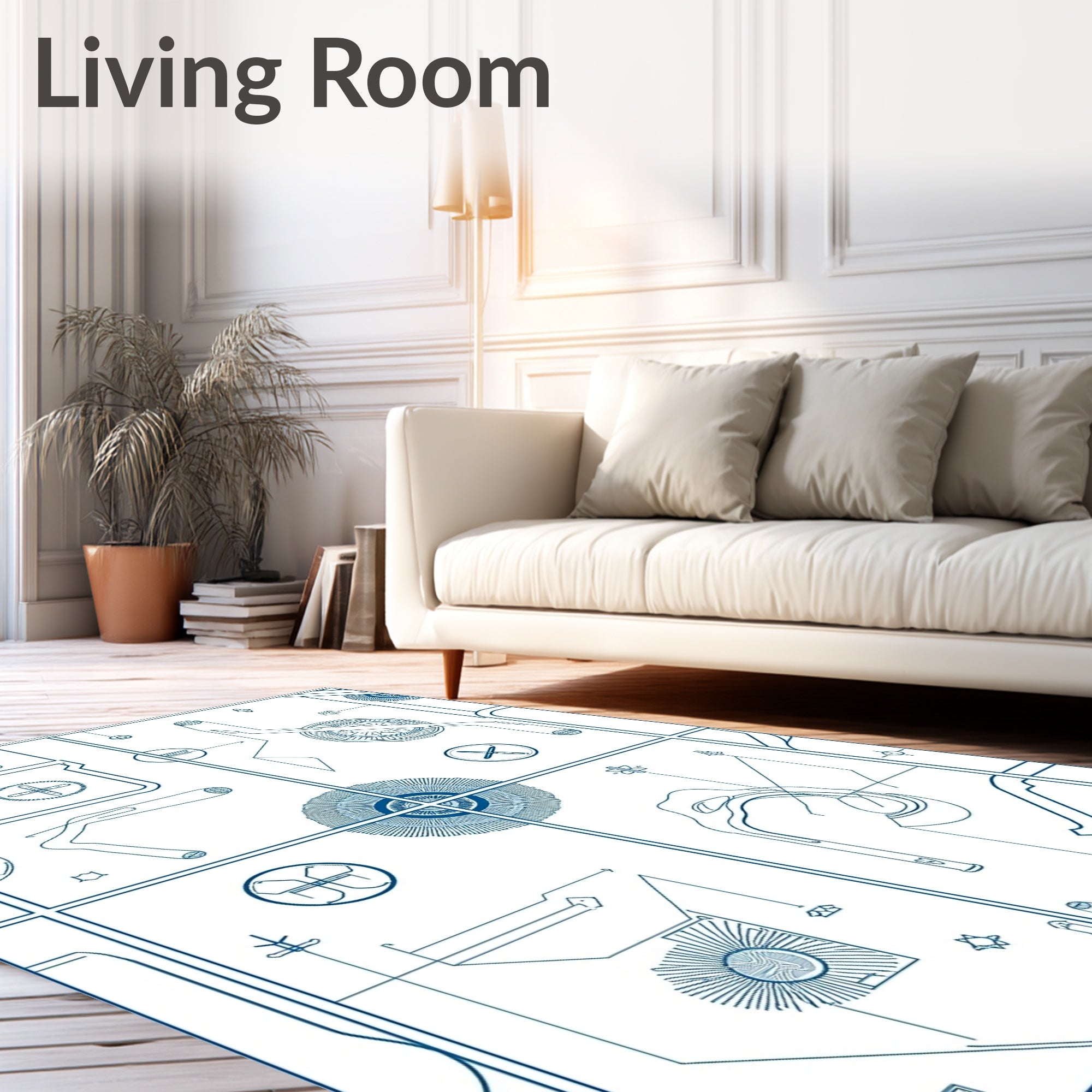 Blue Blueprint Geometric Technical Diagram Rug