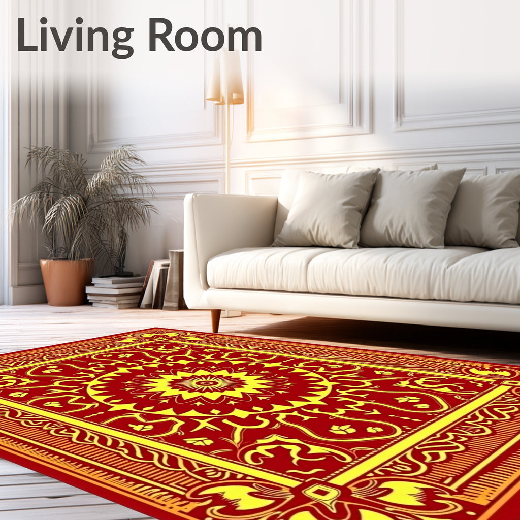 Crimson Yellow Ornate Medallion Border Rug