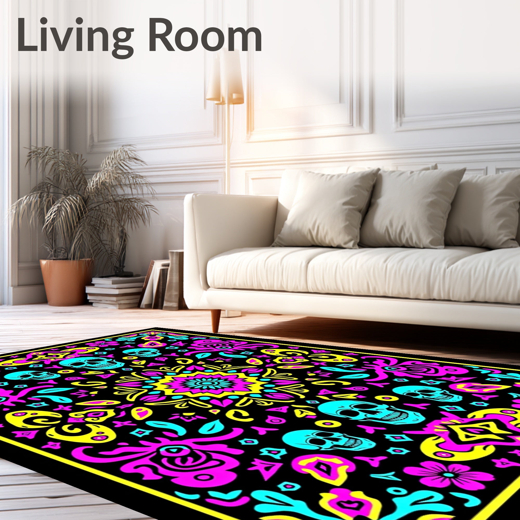 Bright Turquoise Skull Floral Mandala Rug