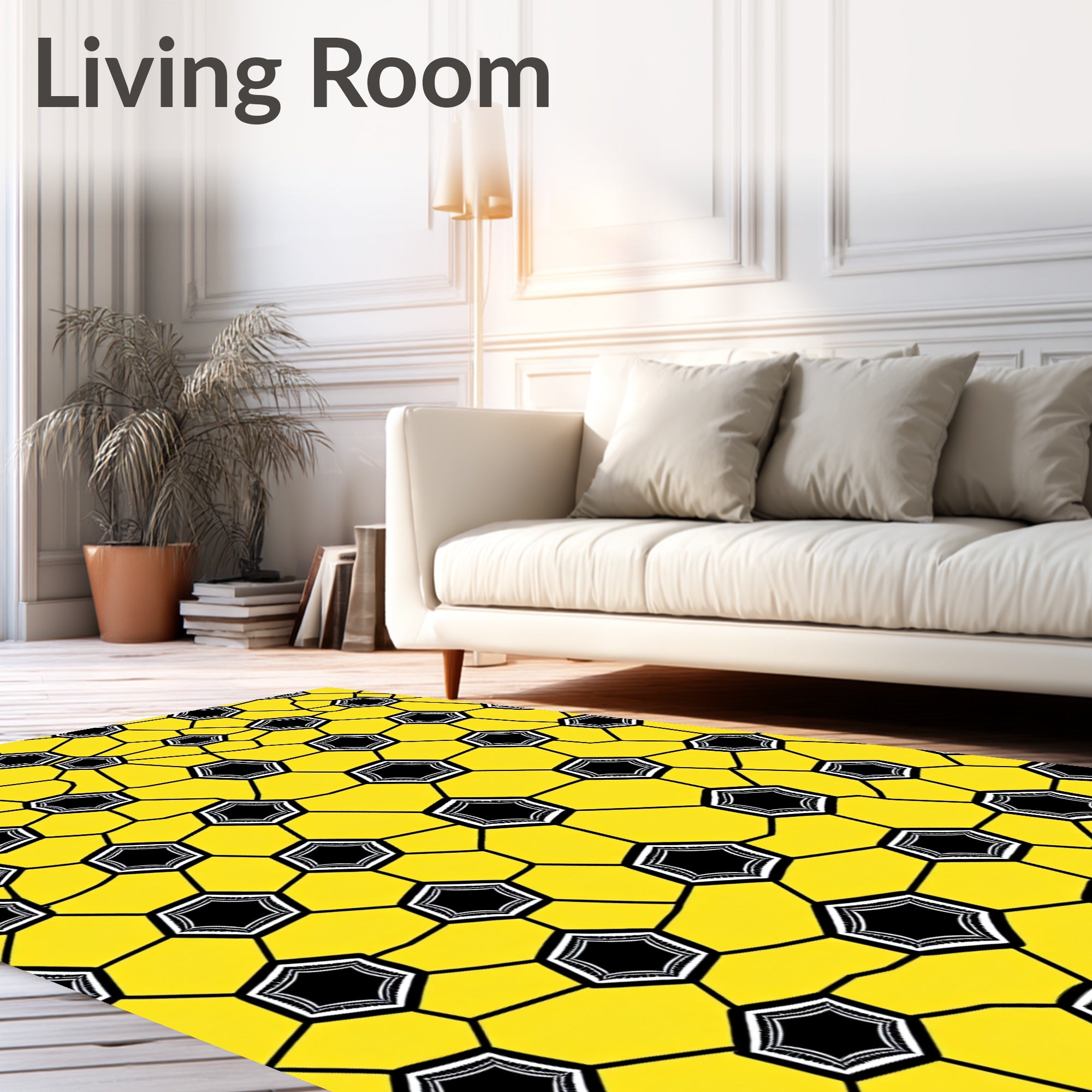 Bright Yellow Hexagonal Soccer Graphics Rug