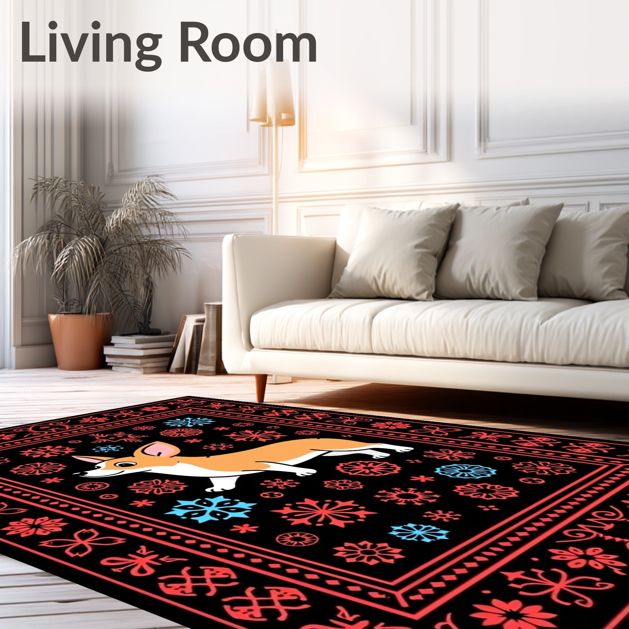 Corgi Snowflake Border Folk Art Rug