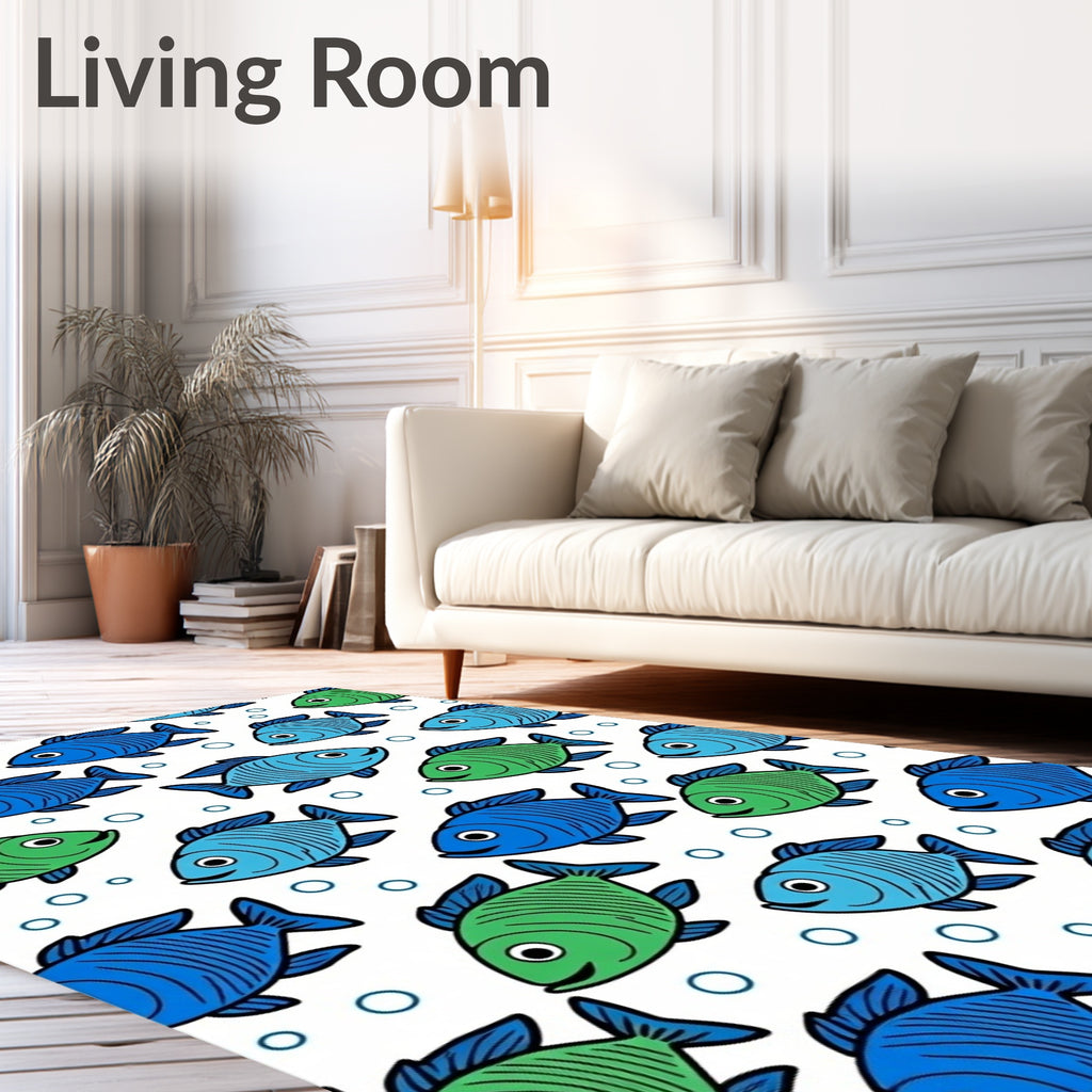 Playful Blue Green Fish Bubbles Rug
