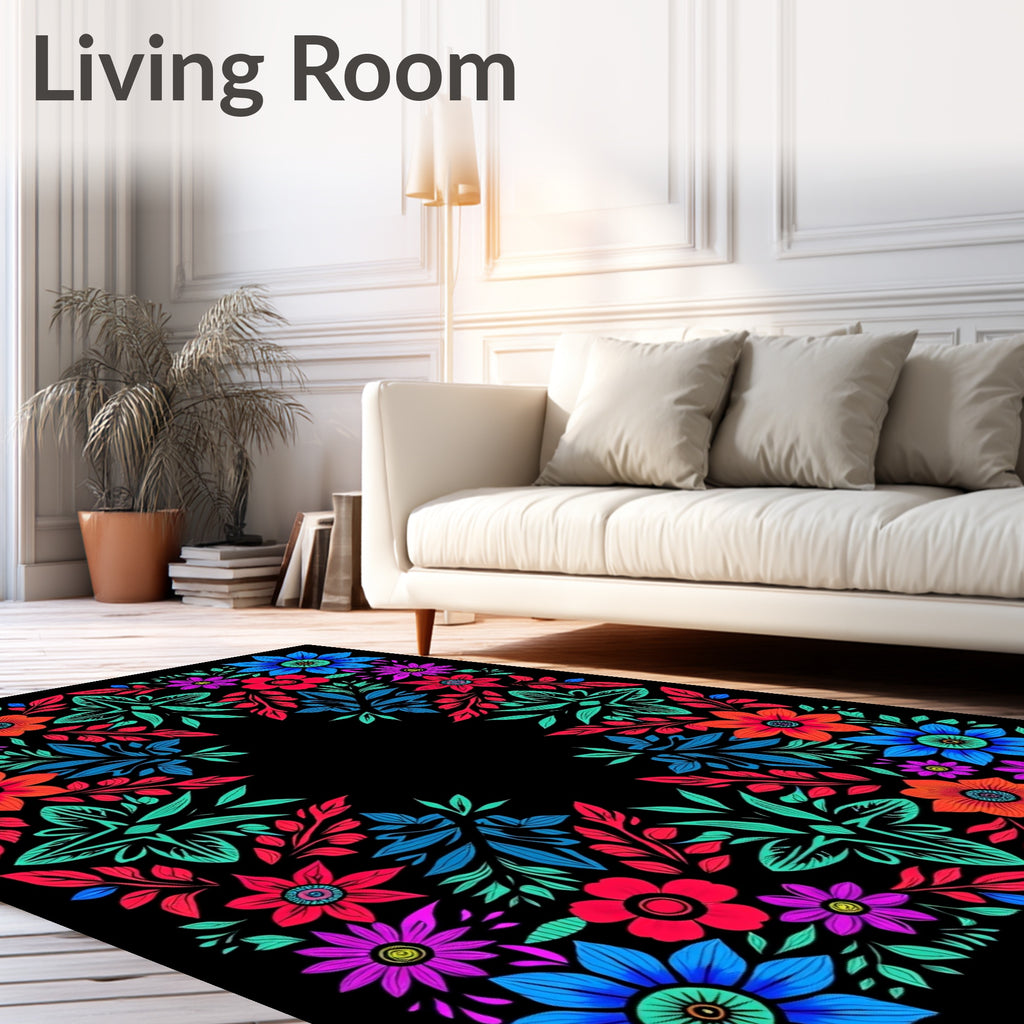 Vibrant Floral Border with Geometric Accents Rug