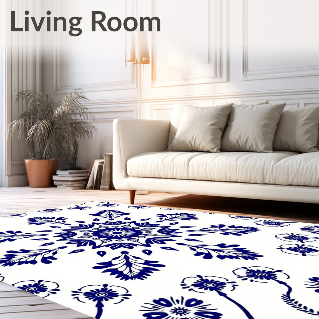 Blue White Floral Medallion Symmetry Rug