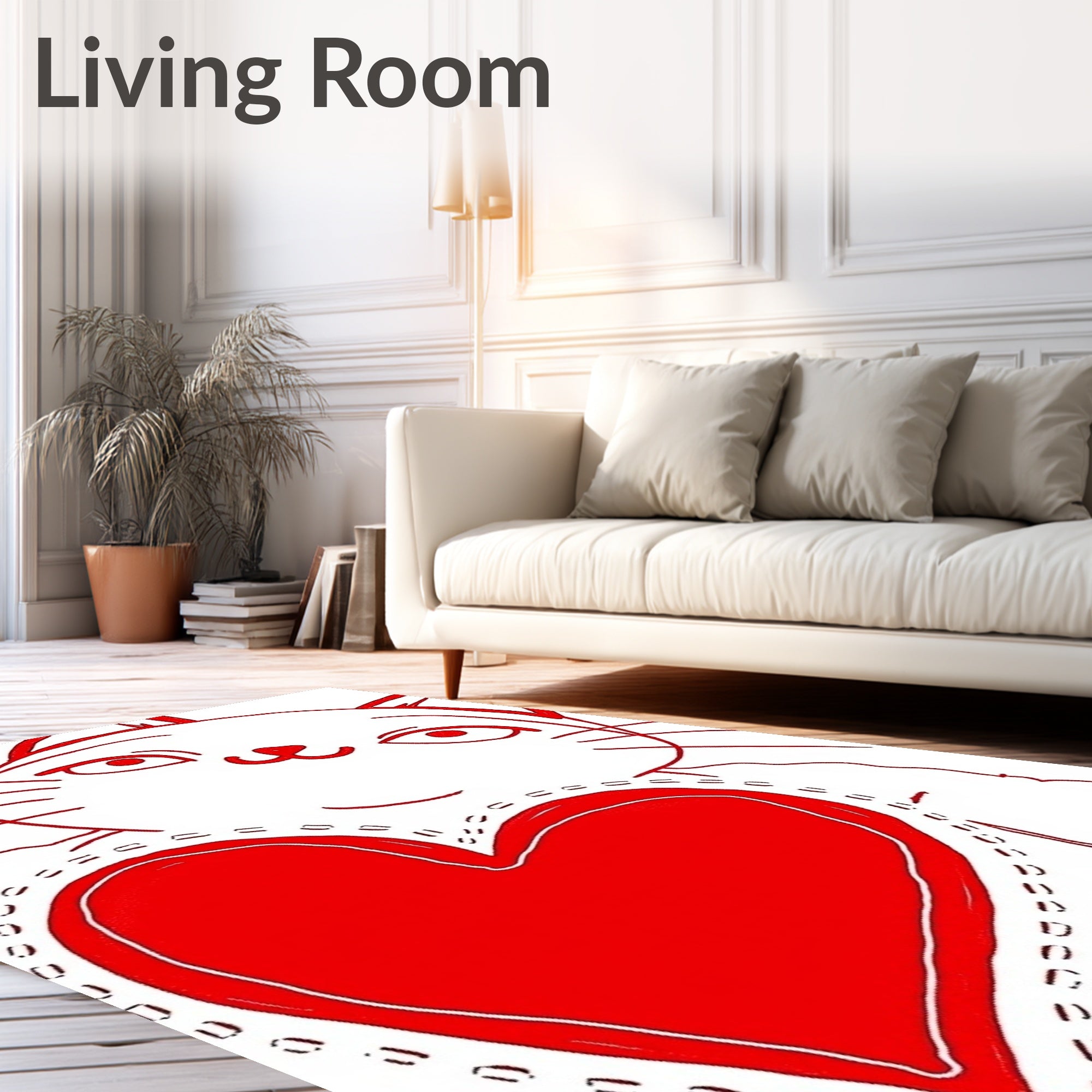 Whimsical Red Heart Cat Illustration Rug