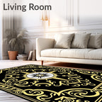 Gold Floral Compass Black Rug