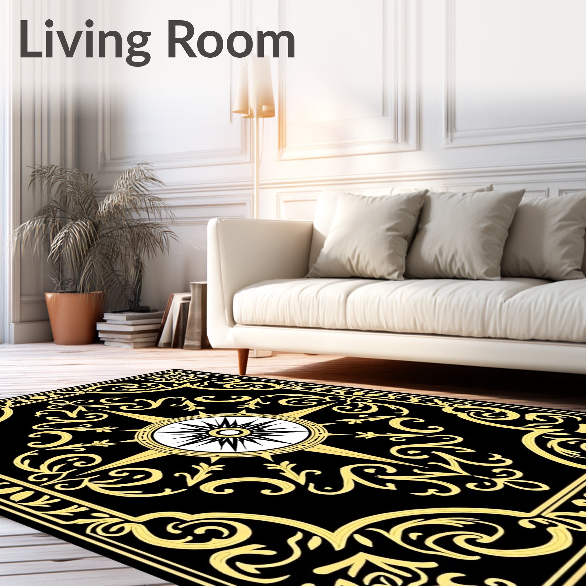 Gold Floral Compass Black Rug