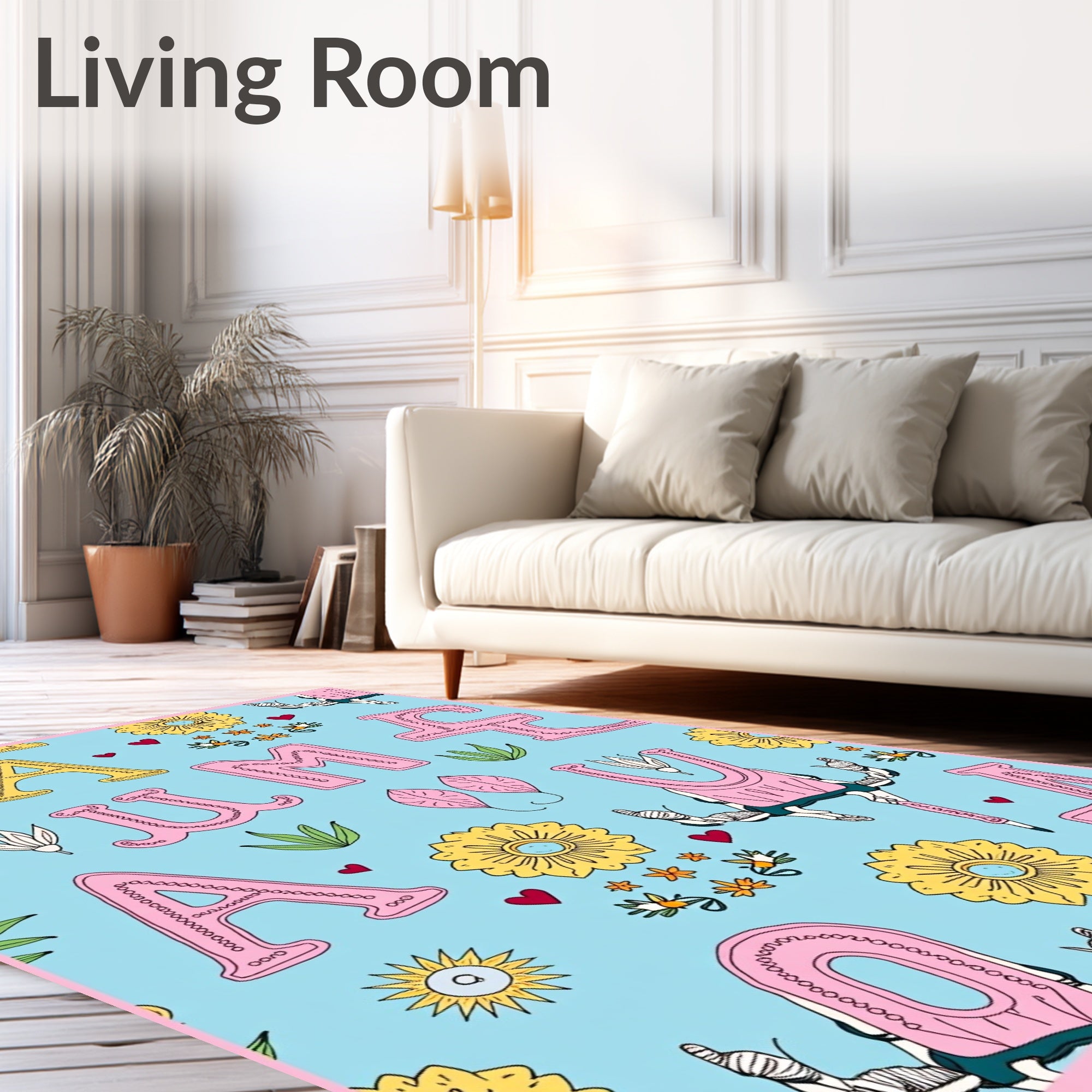 Whimsical Pink Yellow Alphabet Garden Rug