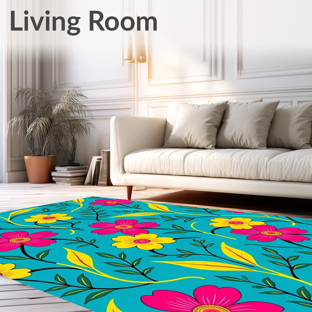 Vibrant Pink Yellow Floral Aqua Canvas Rug